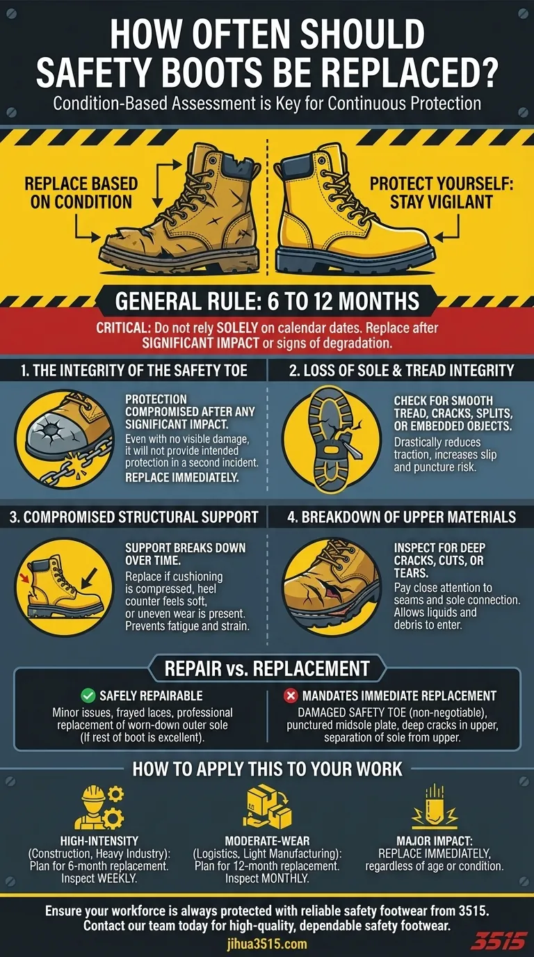 متى يجب استبدال أحذية السلامة؟ دليل العمر الافتراضي وعلامات السلامة دليل مرئي