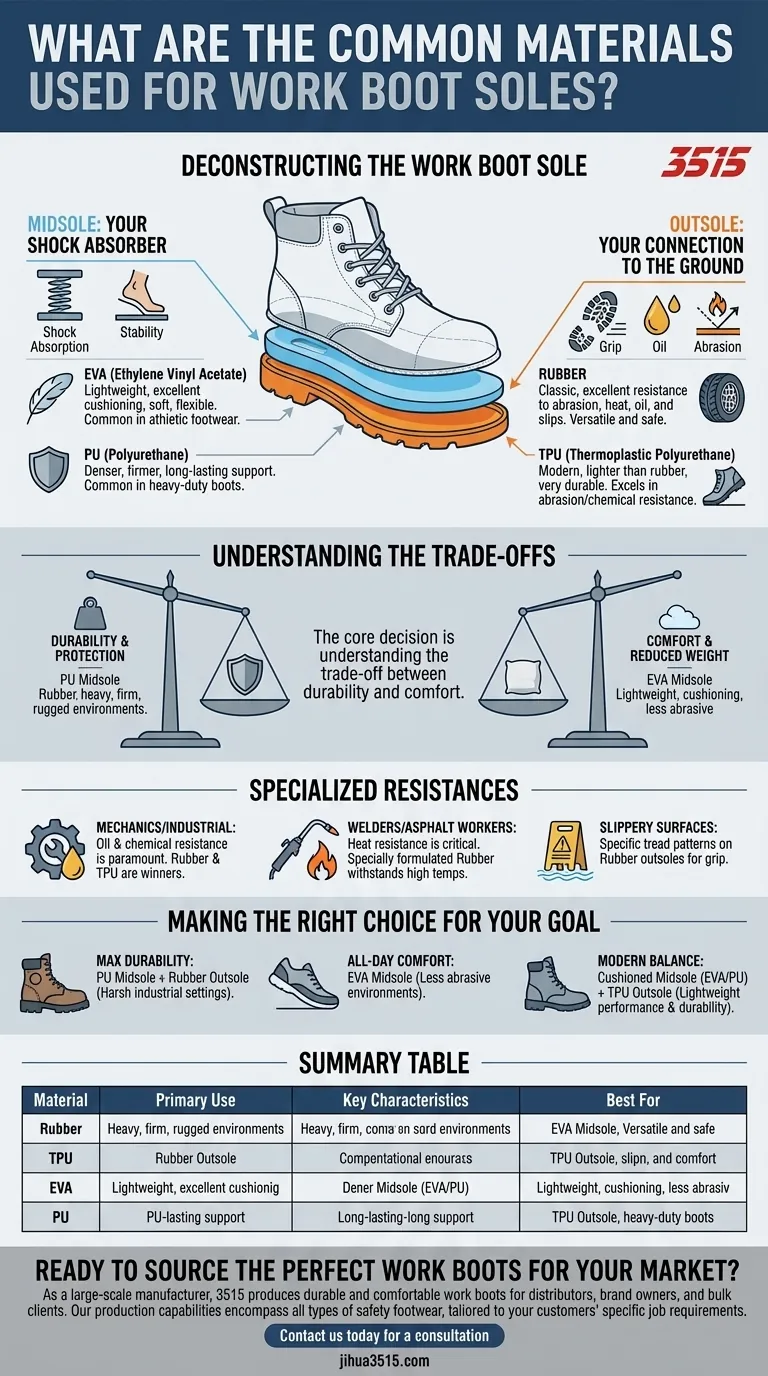 Quali sono i materiali comuni utilizzati per le suole degli scarponi da lavoro? Una guida alla durata, al comfort e alla sicurezza Guida Visiva