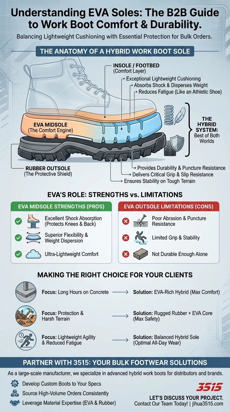 ¿Cuáles son las características de las suelas de EVA para botas de trabajo? Amortiguación superior para comodidad durante todo el día Guía Visual