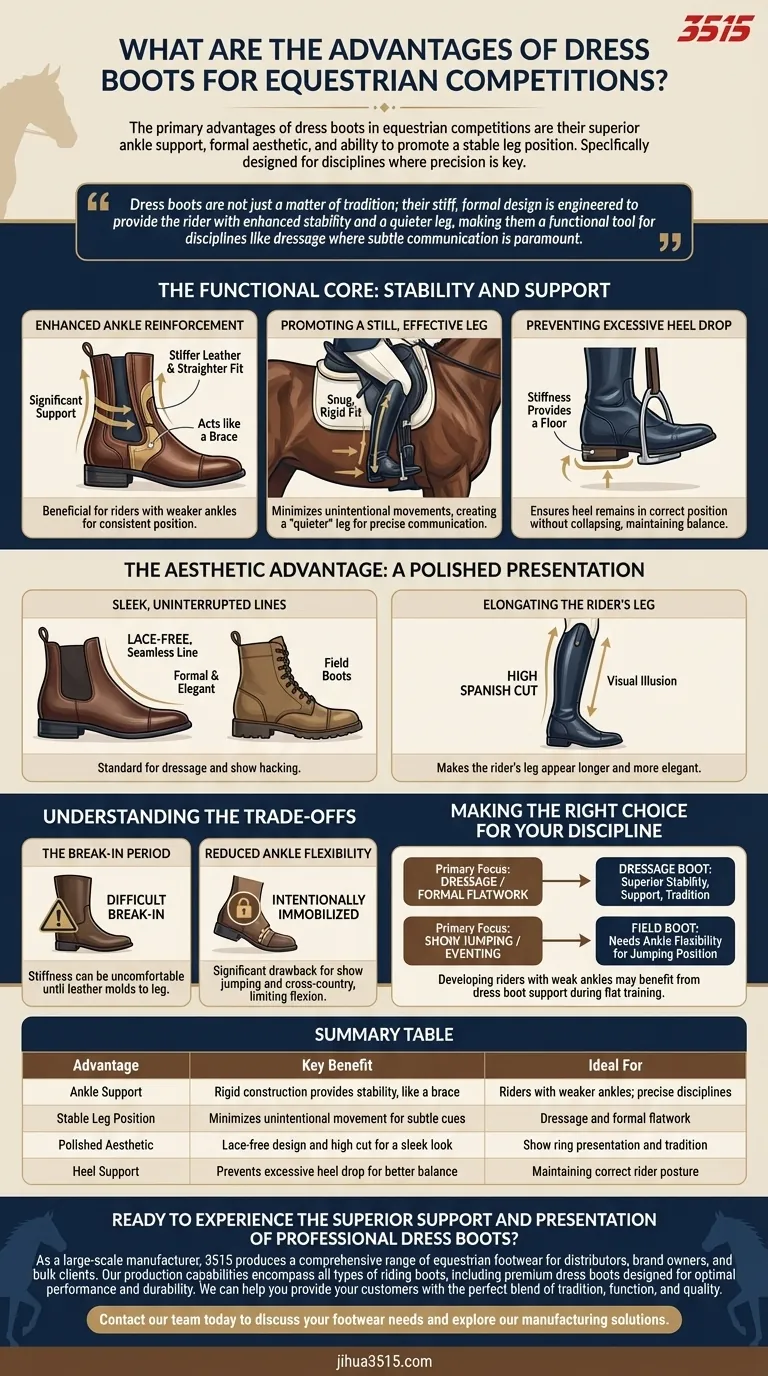 ¿Cuáles son las ventajas de las botas de montar de concurso para las competiciones ecuestres? Mayor estabilidad y presentación formal Guía Visual