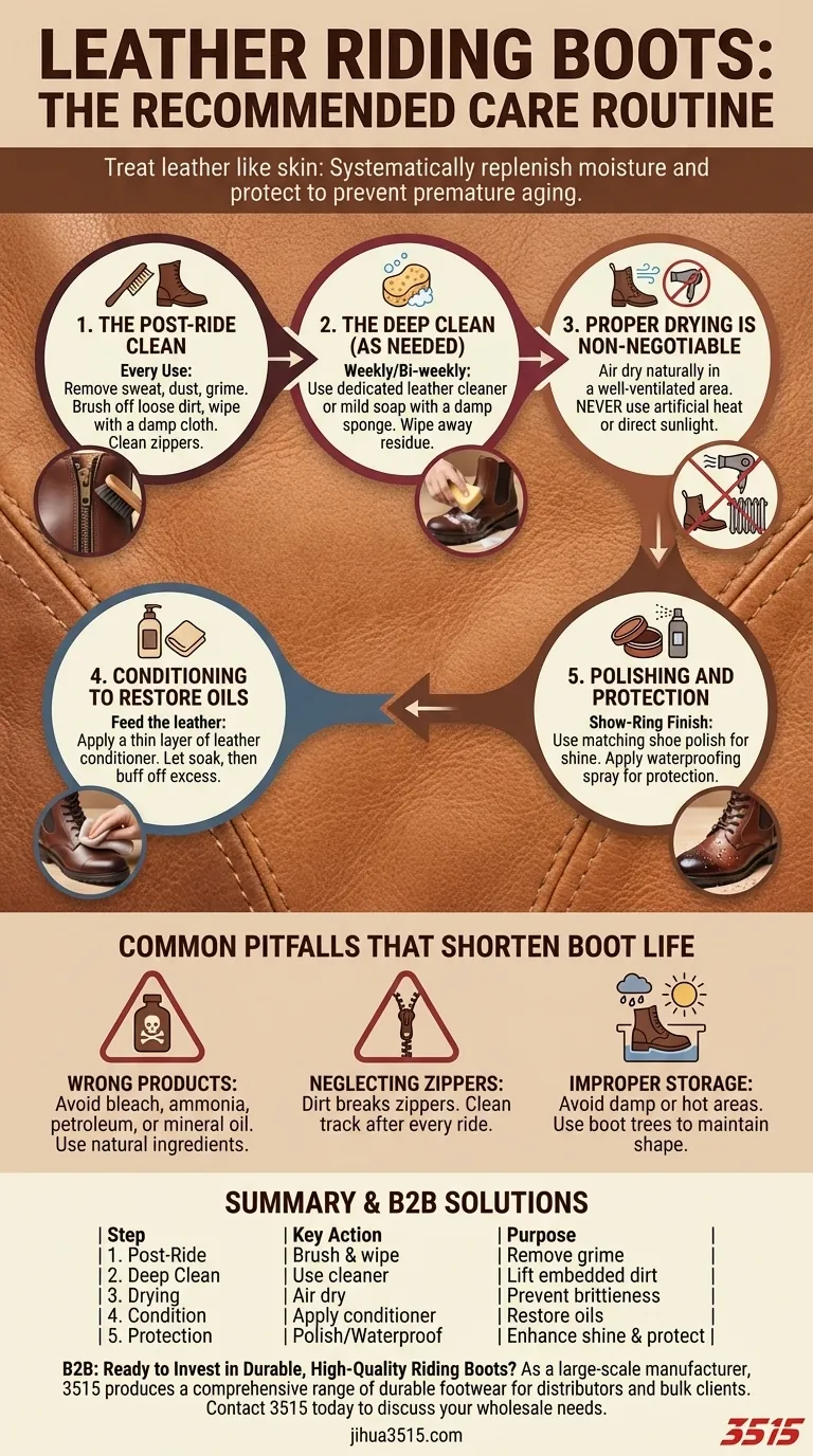 Qual è la routine di cura consigliata per gli stivali da equitazione in pelle? Mantieni i tuoi stivali in perfette condizioni Guida Visiva