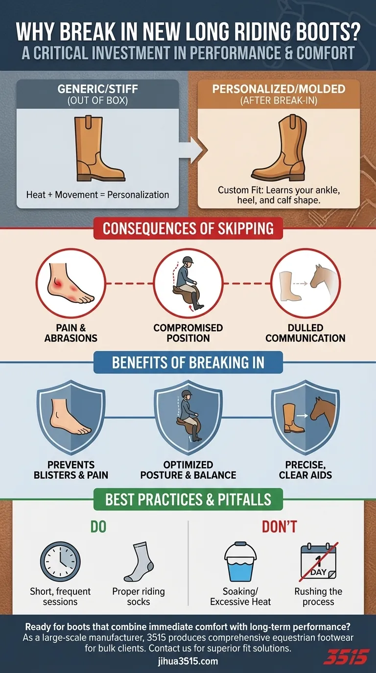 Why is it important to break in new long riding boots before use? For Comfort and Peak Performance Visual Guide