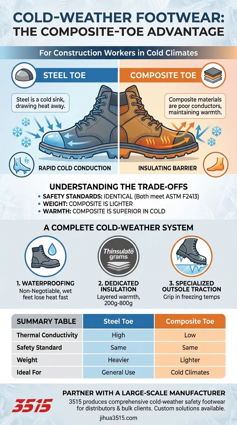 寒冷地で働く建設作業員にとって、他にどのような保護的な履物機能が有益でしょうか？優れた保温性のためには複合的なつま先保護を選択してください。 ビジュアルガイド