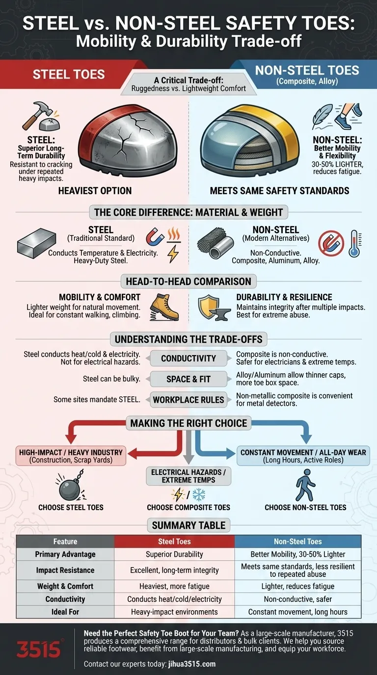 Come si confrontano i puntali di sicurezza e i puntali in acciaio? Scegli la protezione giusta per la mobilità o la durata. Guida Visiva