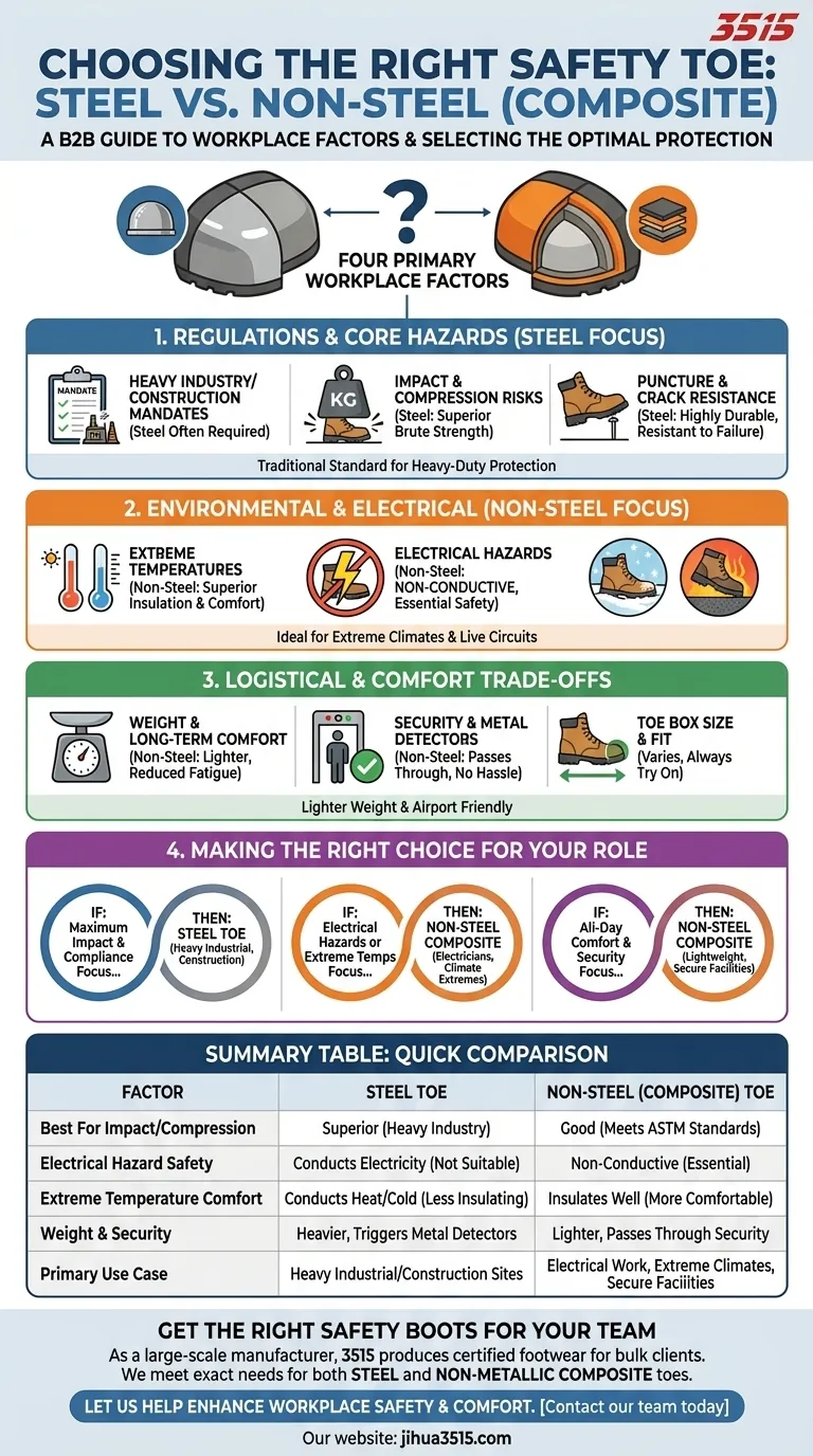 ما هي عوامل مكان العمل التي يجب مراعاتها عند الاختيار بين مقدمة الحذاء المصنوعة من الفولاذ ومقدمة الحذاء الواقية؟ ضمان الحماية المثلى للقدم دليل مرئي