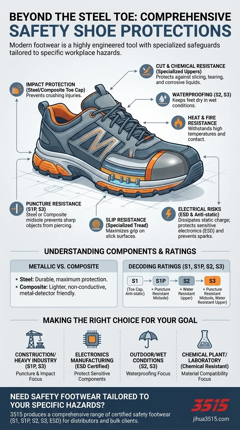 Oltre alla protezione del piede, quali protezioni aggiuntive offrono le scarpe antinfortunistiche? Una guida alla sicurezza antiscivolo, antipenetrazione ed elettrica Guida Visiva