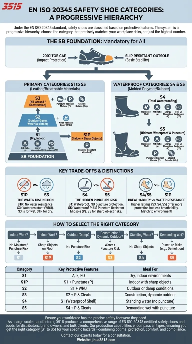 Welche verschiedenen Kategorien von EN ISO 20345-konformen Sicherheitsschuhen gibt es? Ein Leitfaden von S1 bis S5 Visuelle Anleitung