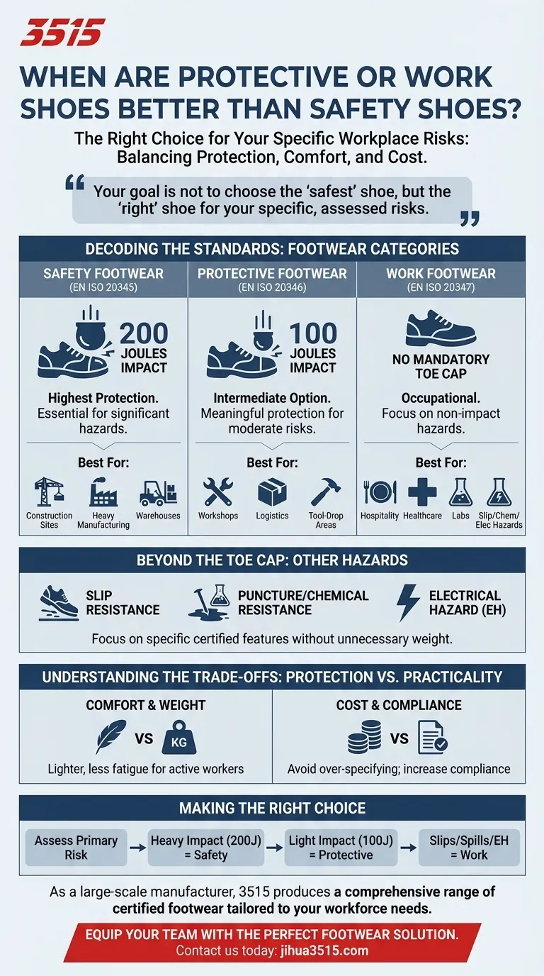 Quand les chaussures de protection ou de travail sont-elles plus appropriées que les chaussures de sécurité ? Un guide pour choisir la bonne chaussure Guide Visuel