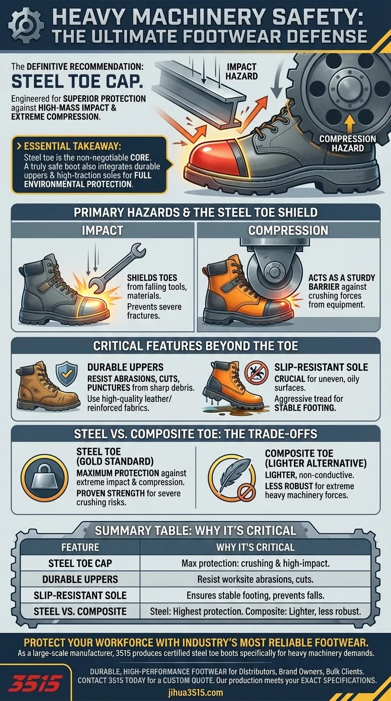 Che tipo di scarpa antinfortunistica è raccomandata per i lavoratori esposti a macchinari pesanti? Stivali con puntale in acciaio per la massima protezione Guida Visiva