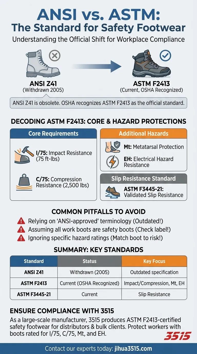 What is the ANSI standard for safety footwear? It's Now ASTM F2413 for OSHA Compliance Visual Guide
