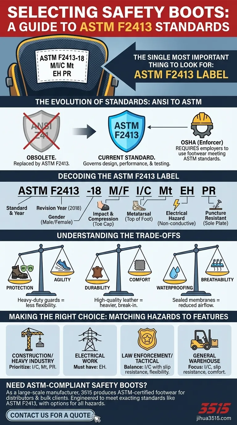 ANSI 표준을 충족하는 안전화를 선택할 때 무엇을 찾아야 합니까? 핵심은 ASTM F2413 라벨입니다. 시각적 가이드