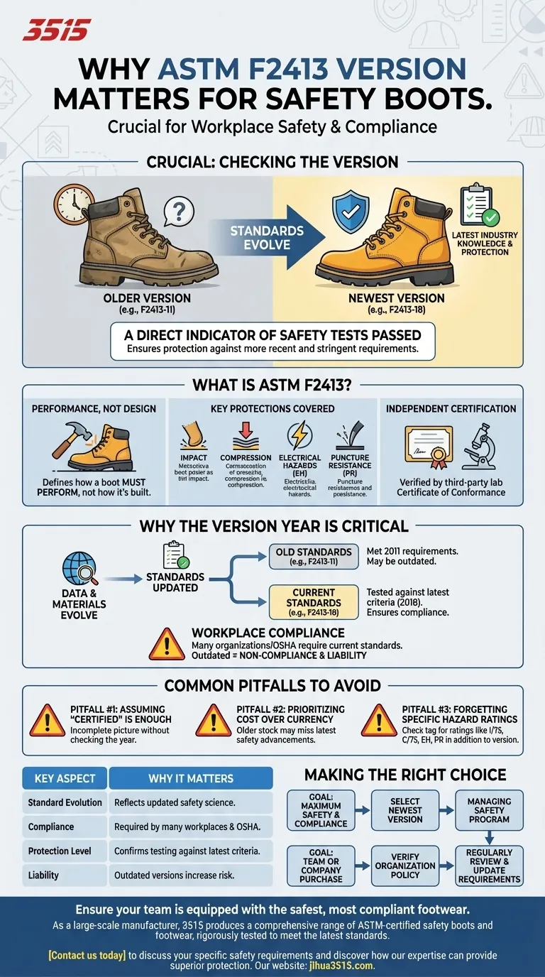 لماذا يجب التحقق من إصدار ASTM F2413 عند اختيار أحذية السلامة؟ لضمان أقصى قدر من الحماية والامتثال. دليل مرئي