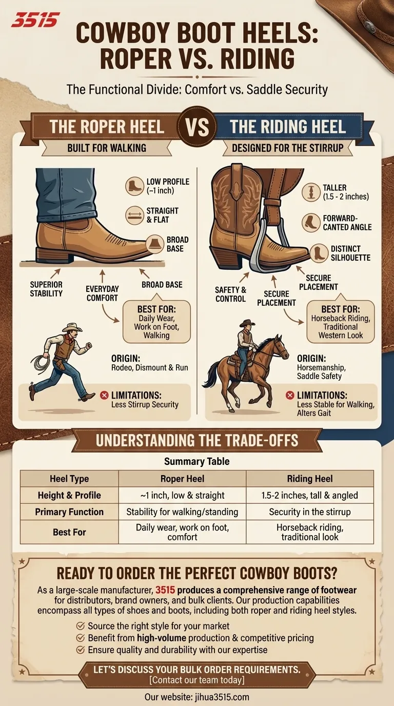 카우보이 부츠 굽의 두 가지 주요 유형은 무엇인가요? 로퍼 vs. 라이딩 굽 설명 시각적 가이드