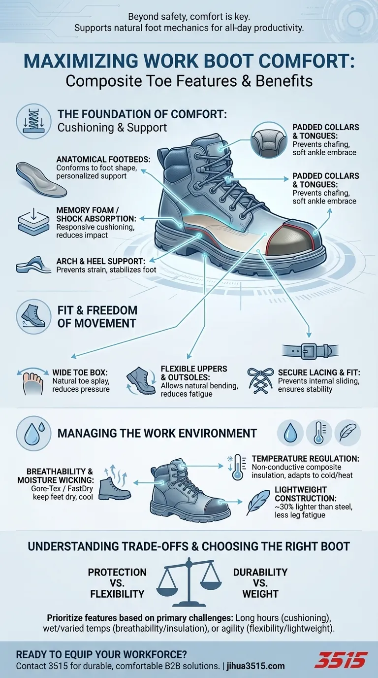 Quais recursos aprimoram o conforto em botas de trabalho com biqueira de composite? Reduza o cansaço e aumente a produtividade Guia Visual