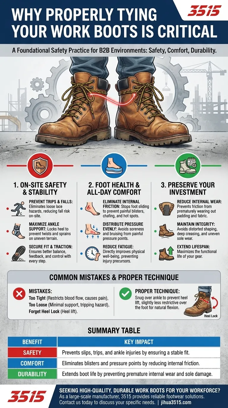 작업용 부츠를 제대로 묶는 것이 왜 중요할까요? 안전을 확보하고 편안함을 높이세요. 시각적 가이드
