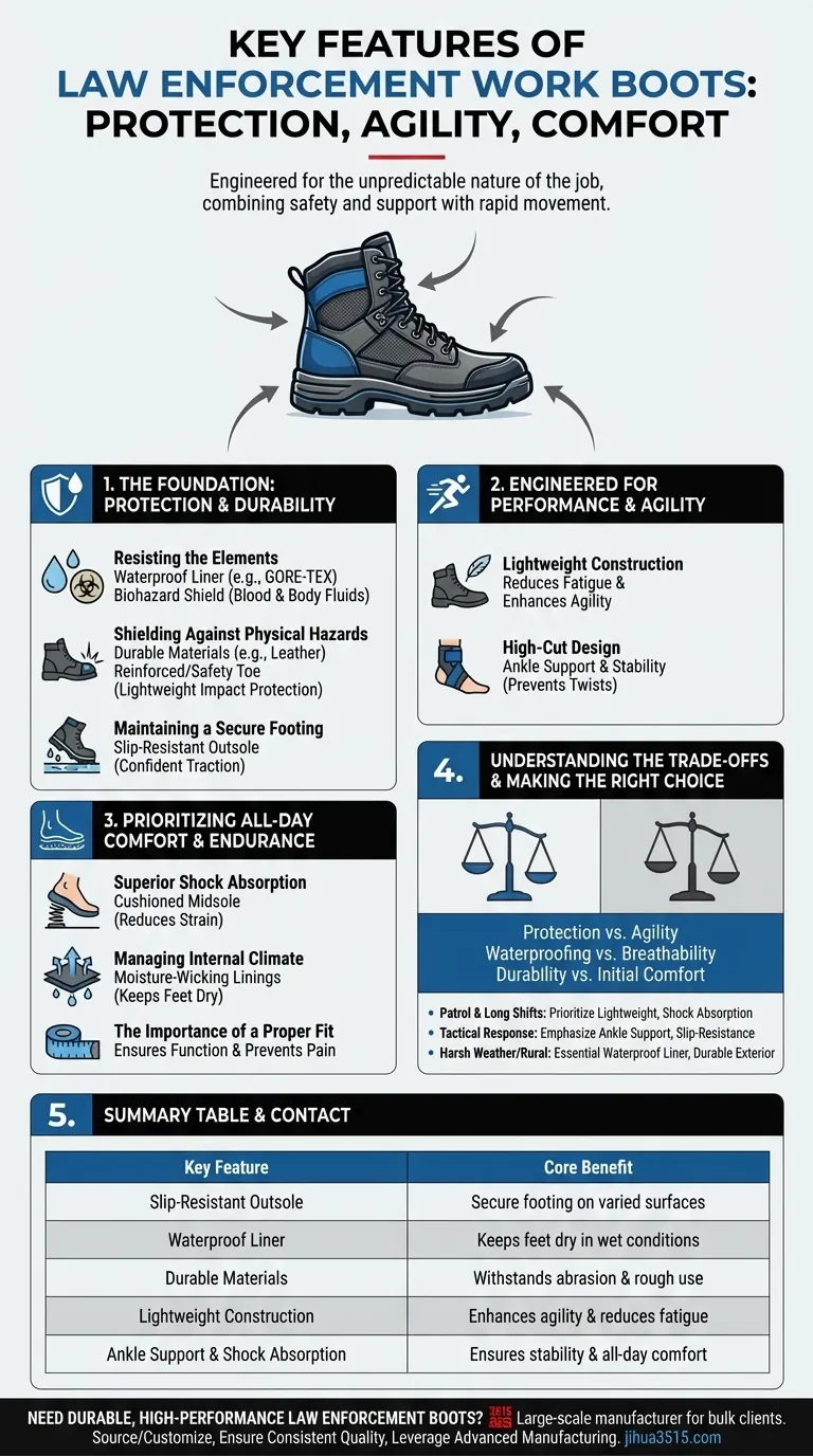 ¿Cuáles son las características clave de las botas de trabajo para las fuerzas del orden? Diseñadas para protección, agilidad y comodidad durante todo el día. Guía Visual