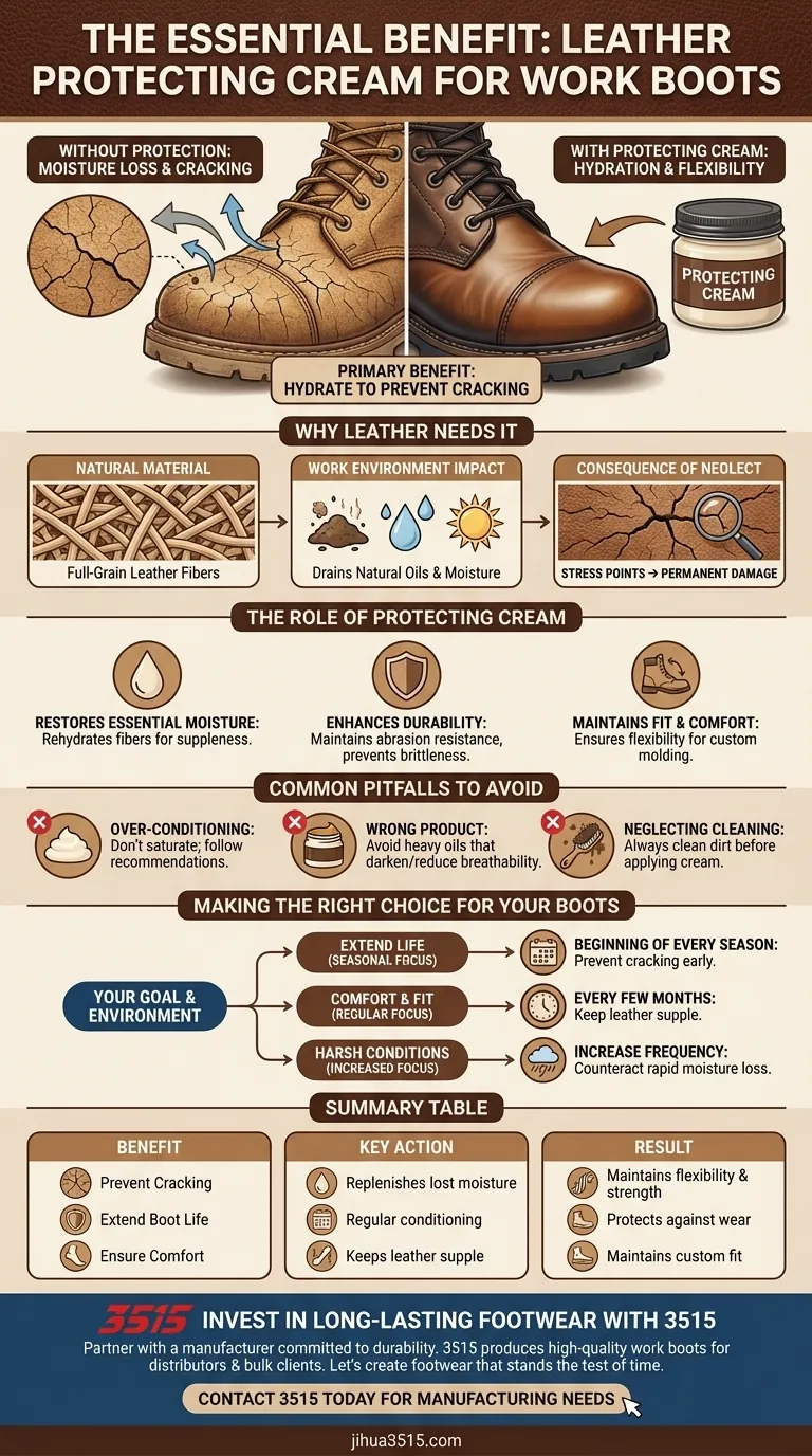 Was ist der Vorteil der Verwendung einer Lederpflegcreme für Arbeitsstiefel? Verhindert Rissbildung & verlängert die Lebensdauer der Stiefel Visuelle Anleitung