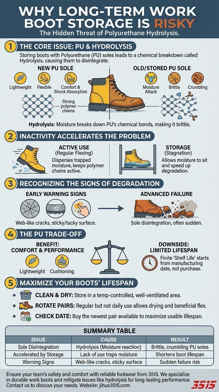 Warum ist es nicht ratsam, Arbeitsstiefel über längere Zeit zu lagern? Vermeidung von PU-Sohlenversagen Visuelle Anleitung