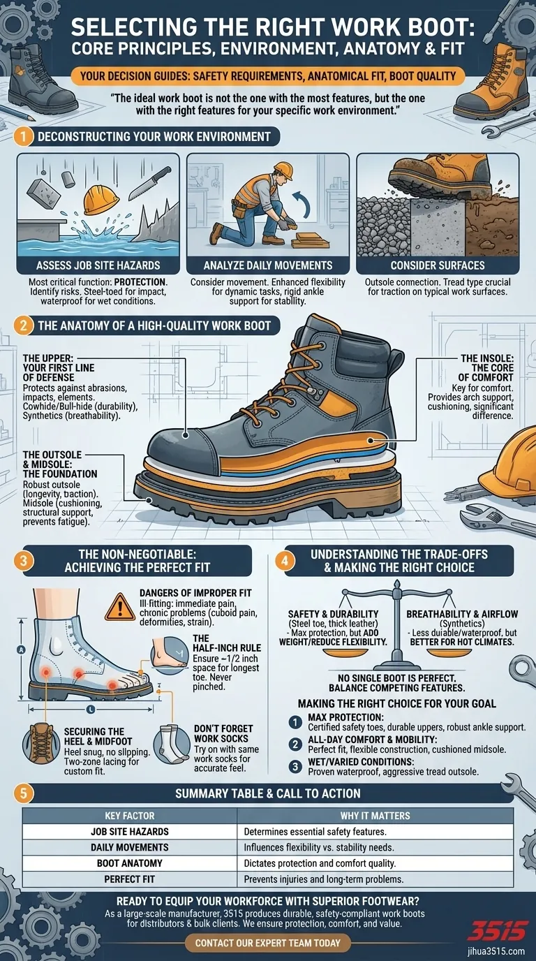 Que faut-il prendre en compte lors de la sélection d'une chaussure de travail ? Prioriser la sécurité, l'ajustement et la durabilité. Guide Visuel