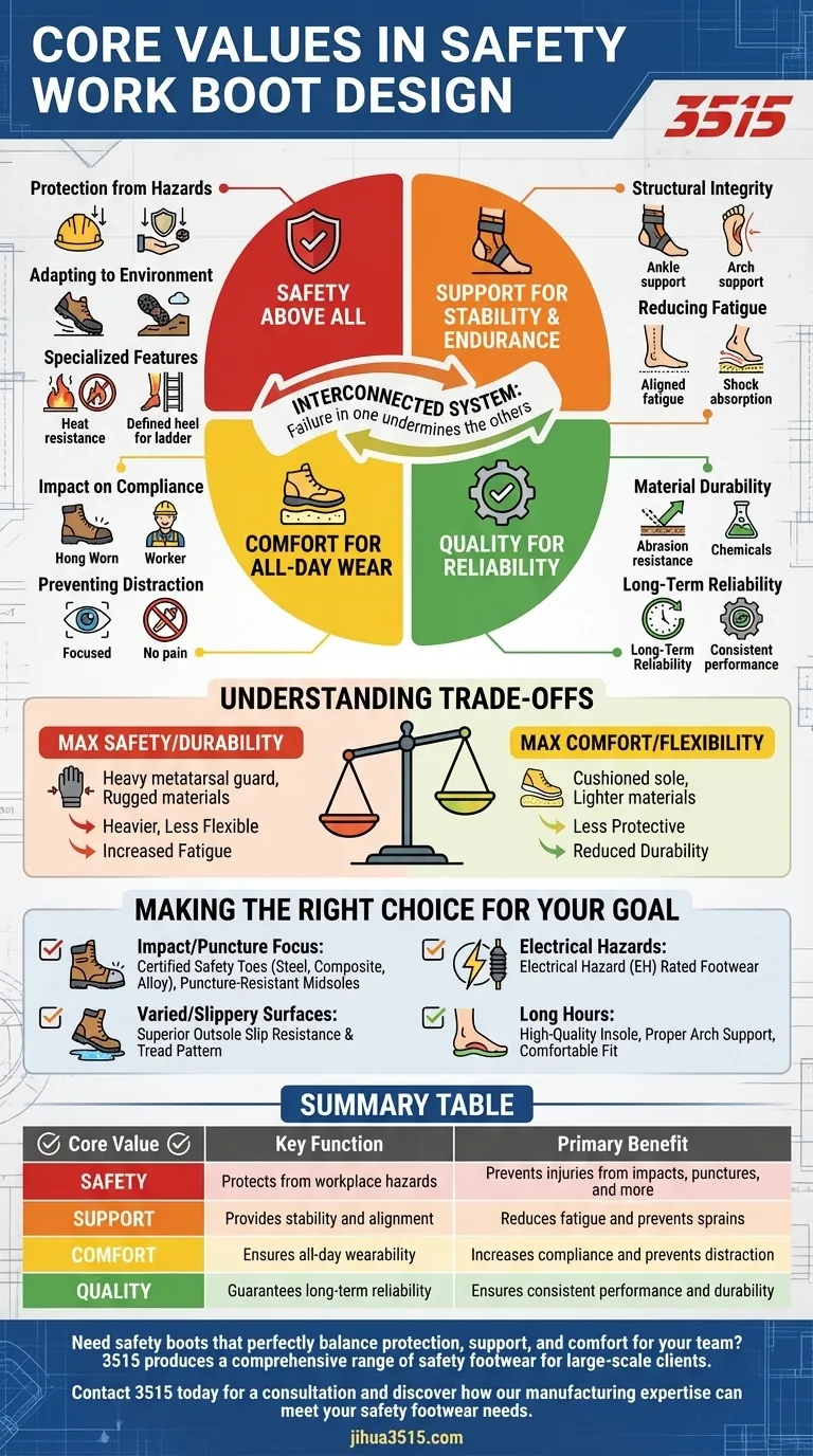 ما هي القيم الأساسية التي يتم التركيز عليها في تصميم أحذية السلامة؟ تحقيق الحماية والأداء الكامل دليل مرئي