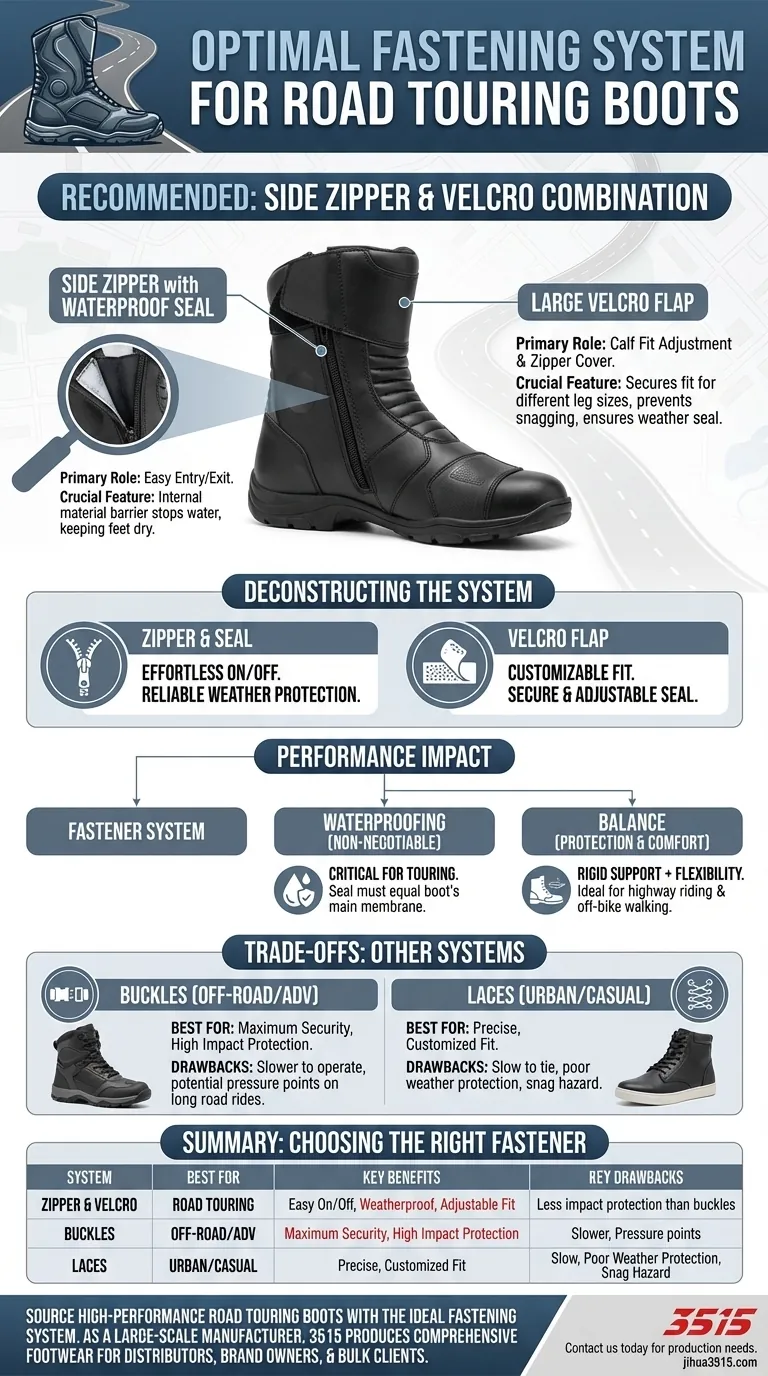 Qual è il sistema di chiusura consigliato per gli stivali da moto da turismo su strada? L'equilibrio ideale tra vestibilità e impermeabilità Guida Visiva