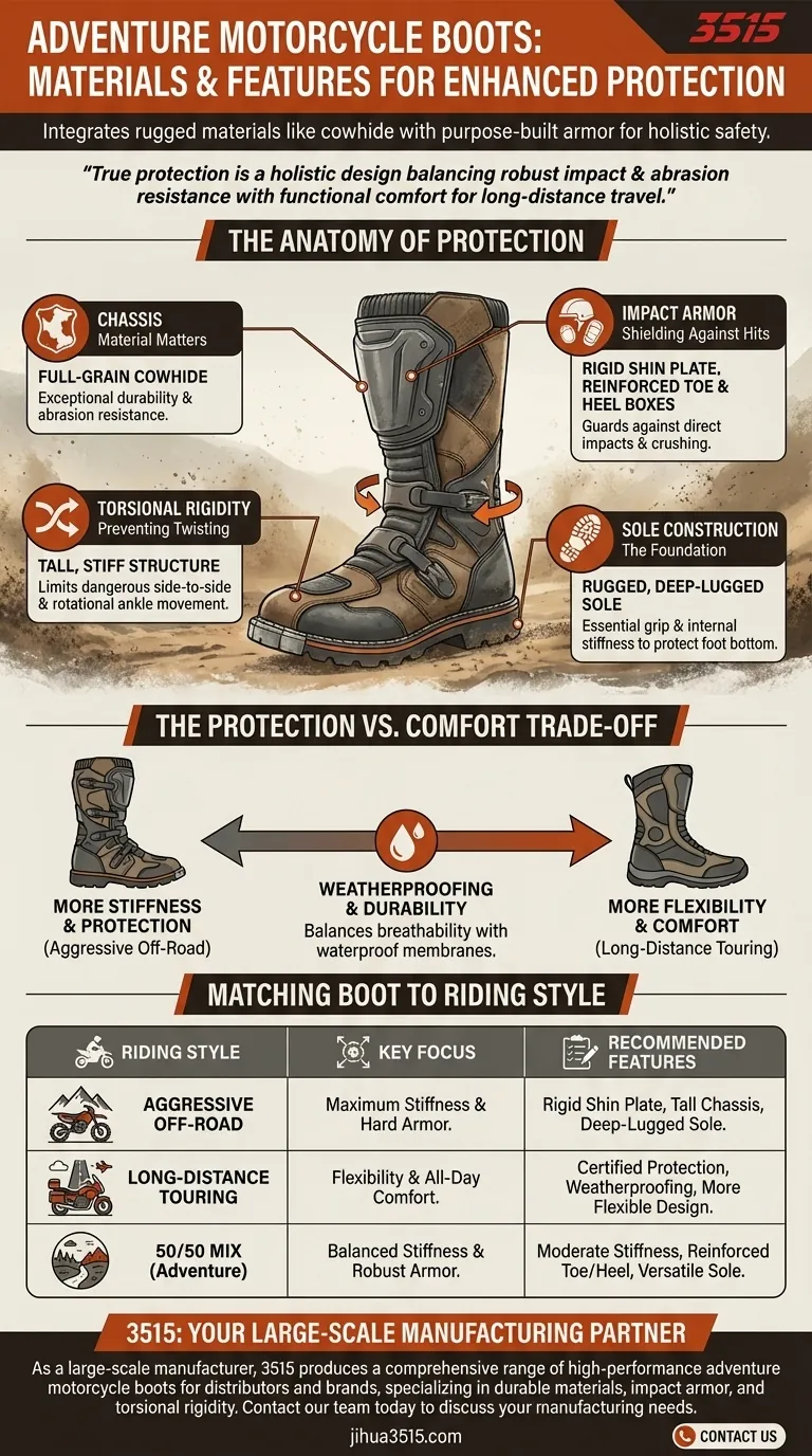 ¿Qué materiales y características mejoran la protección de las botas de moto de aventura? Maximiza la seguridad todoterreno Guía Visual