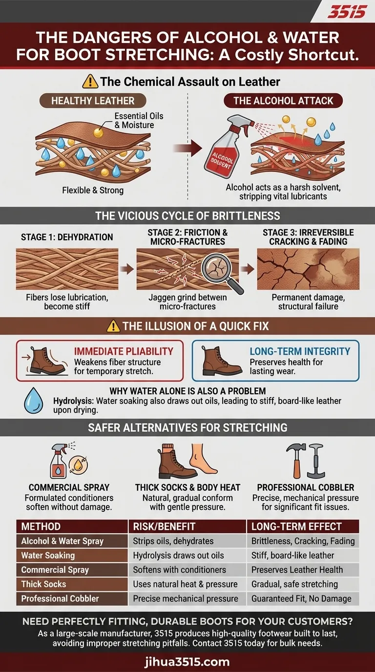 Pourquoi faut-il éviter l'alcool et les sprays à base d'eau pour étirer les bottes ? Ils causent des dommages permanents au cuir Guide Visuel
