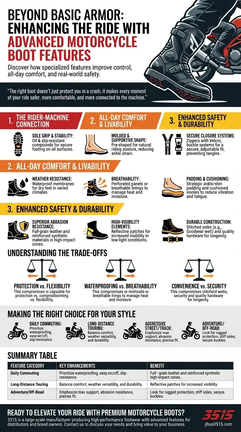 오토바이 부츠의 주행 경험을 향상시키는 추가 기능은 무엇입니까? 부스트 컨트롤, 편안함 및 안전 시각적 가이드