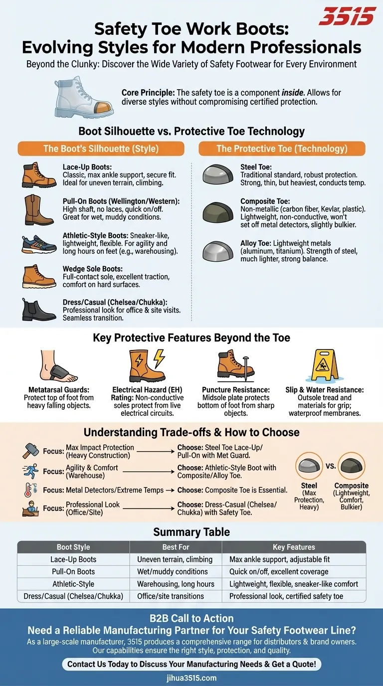 安全つま先ワークブーツにはどのようなスタイルがありますか？クラシックからカジュアルまで、あなたにぴったりのフィット感を見つけましょう ビジュアルガイド
