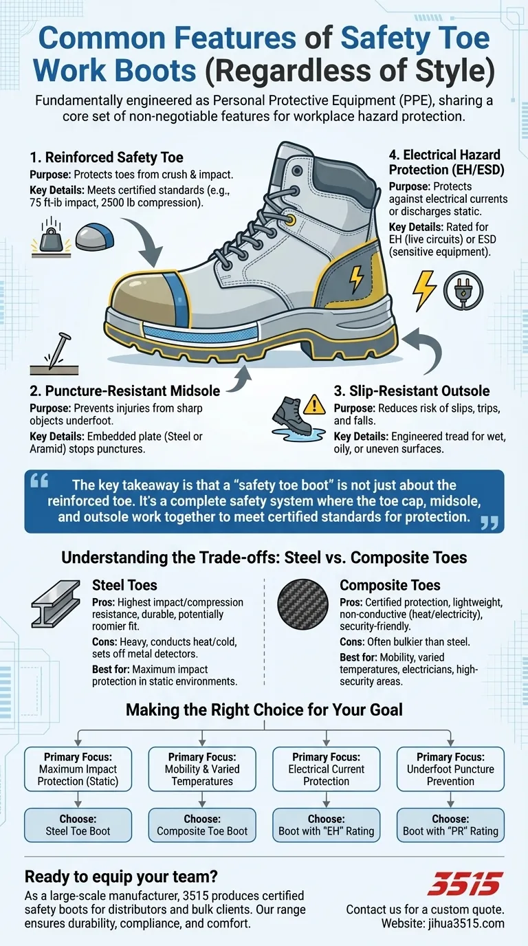 スタイルに関係なく、安全つま先ワークブーツに共通する特徴は何ですか？必須の保護機能について解説 ビジュアルガイド