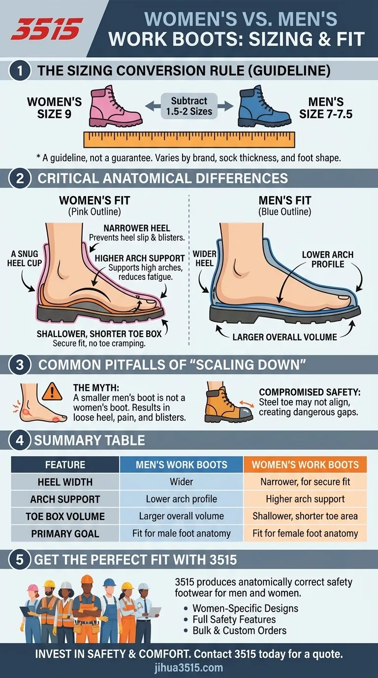 Como o tamanho das botas de trabalho femininas se compara às masculinas? A chave para um ajuste seguro e anatomicamente correto Guia Visual