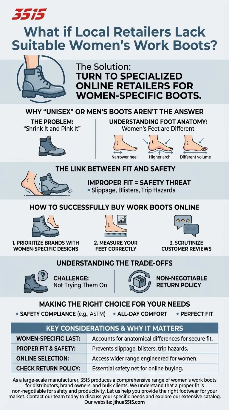 What should women do if local retailers do not offer suitable work boots? Find the Perfect Fit Online Visual Guide