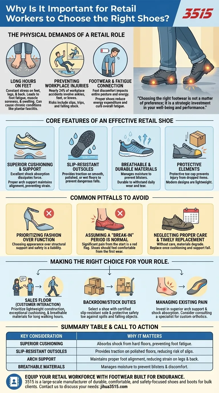 Pourquoi est-il important pour les employés de vente au détail de choisir les bonnes chaussures ? Prévenir la fatigue et les blessures Guide Visuel