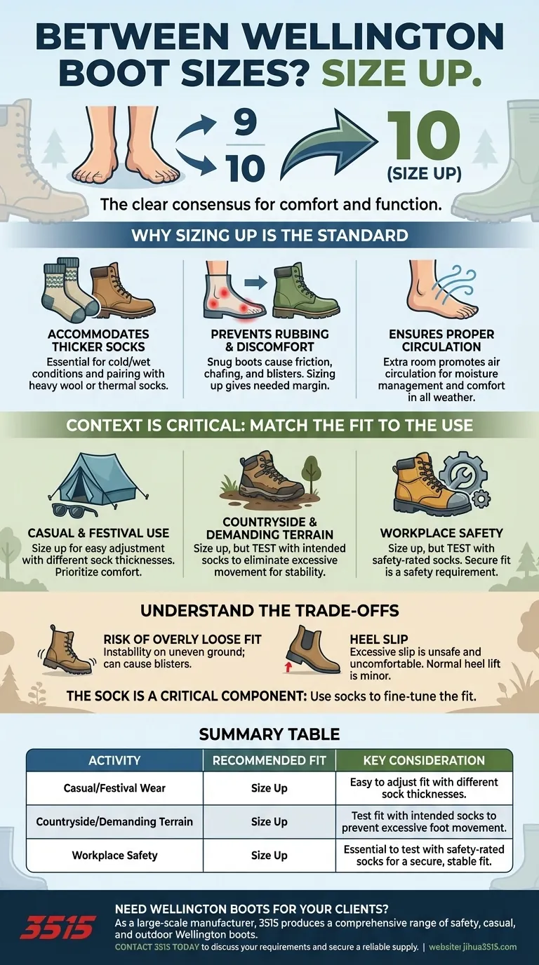 如果有人在选择威灵顿靴子时处于两个尺码之间，应该怎么做？选择大一码以获得完美贴合 图解指南