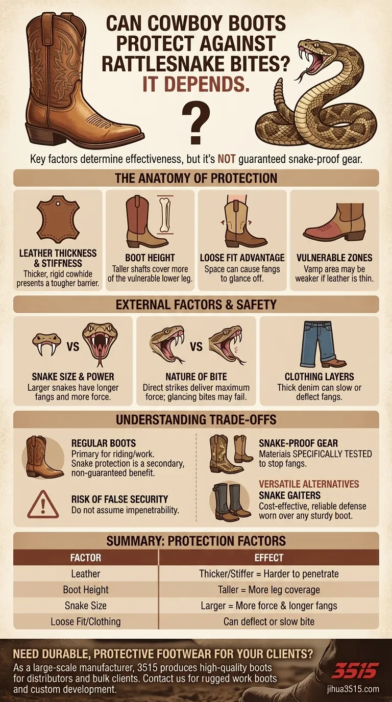 What factors determine whether cowboy boots can protect against rattlesnake bites? A Guide to Footwear Safety Visual Guide