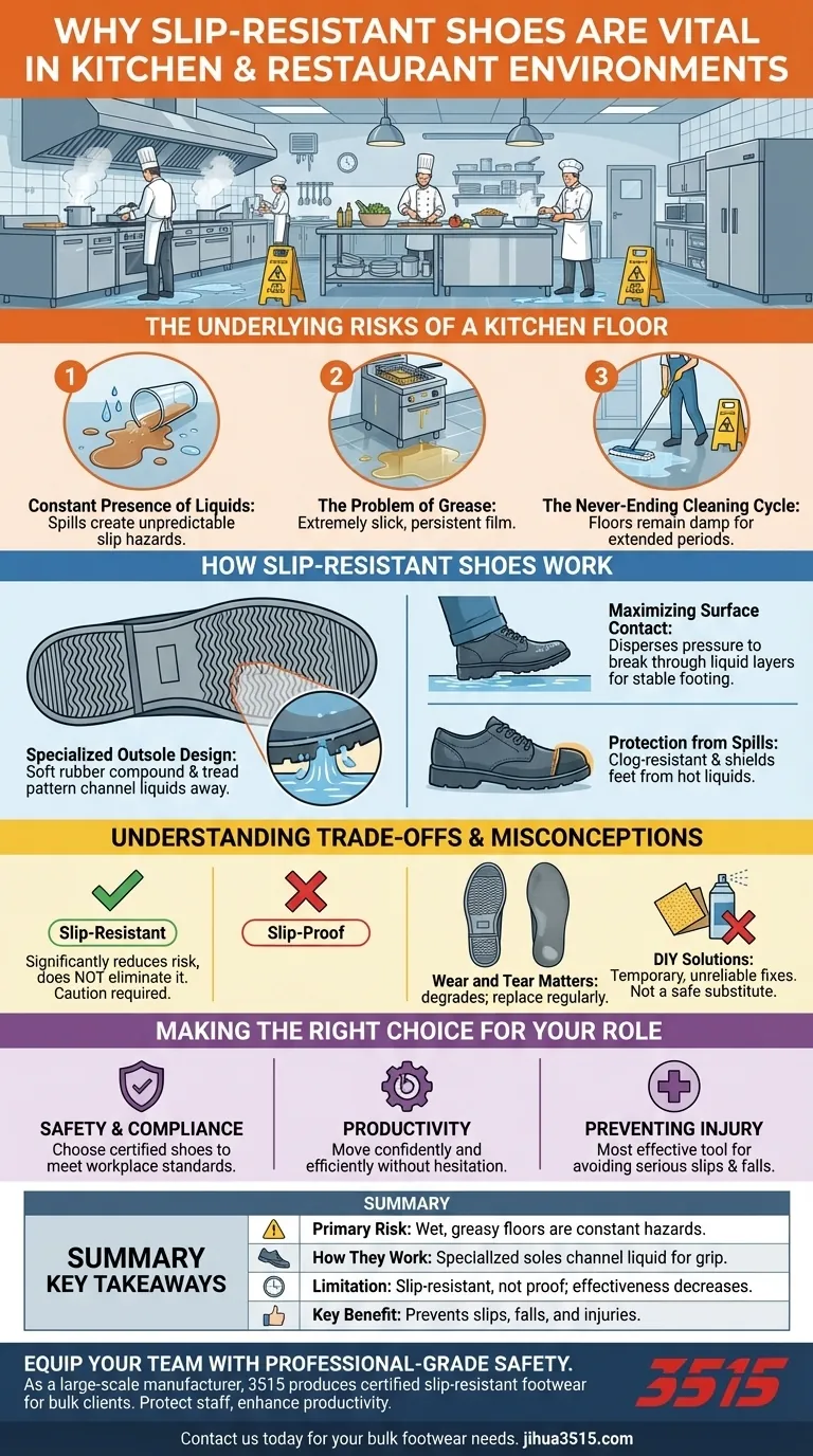 لماذا تعتبر الأحذية المقاومة للانزلاق مهمة في بيئات المطبخ أو المطعم؟ منع الانزلاق والسقوط دليل مرئي