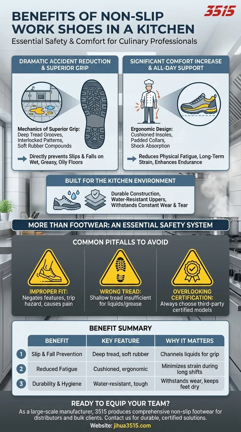 What are the benefits of wearing non-slip work shoes in a kitchen? Prevent Slips and Enhance Safety Visual Guide