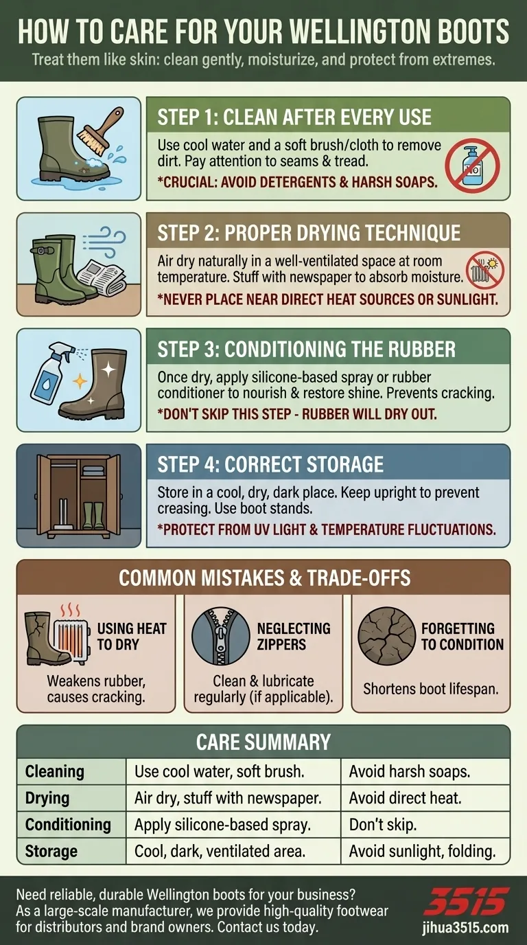 How should Wellington boots be cared for to maintain their condition? Essential Steps for Long-Lasting Durability Visual Guide