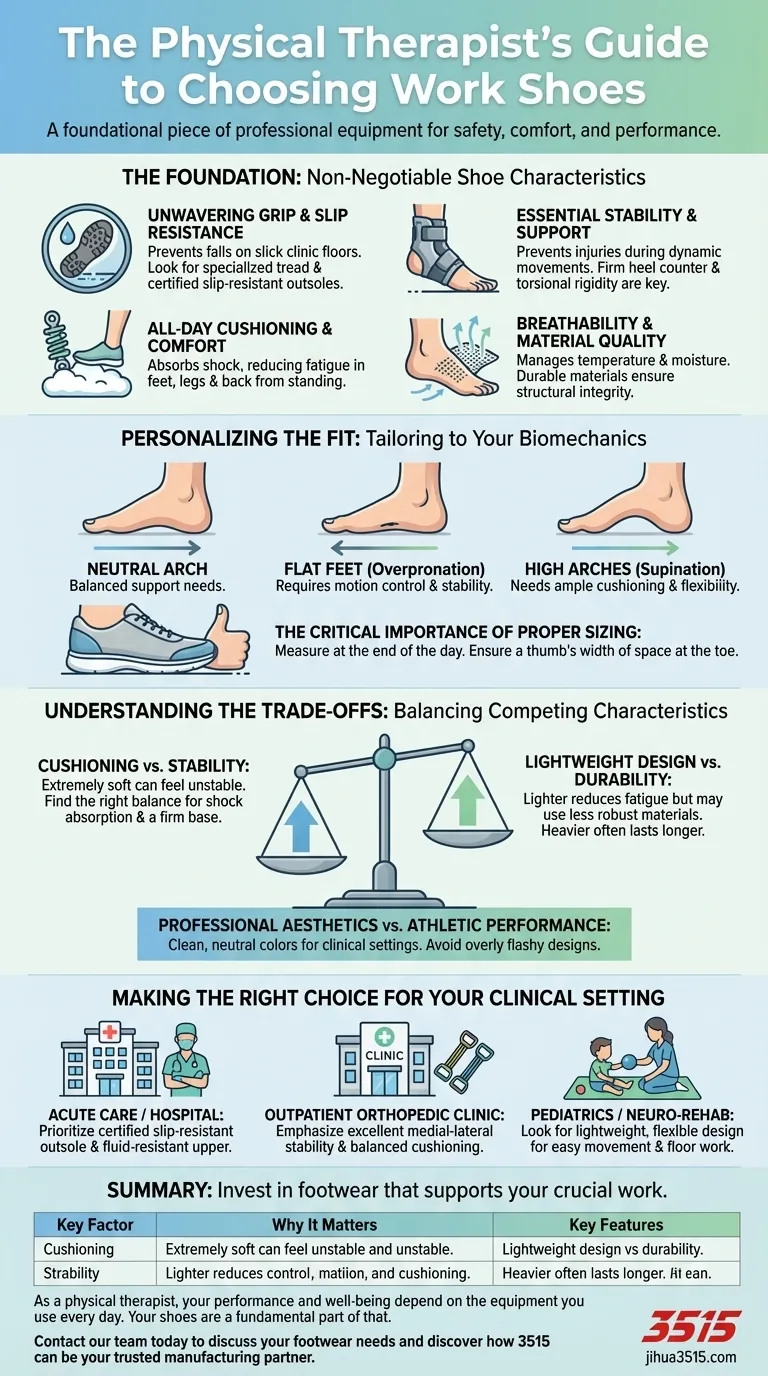 Quali fattori dovrebbero considerare i fisioterapisti nella scelta delle scarpe da lavoro? Caratteristiche essenziali per comfort e sicurezza tutto il giorno Guida Visiva