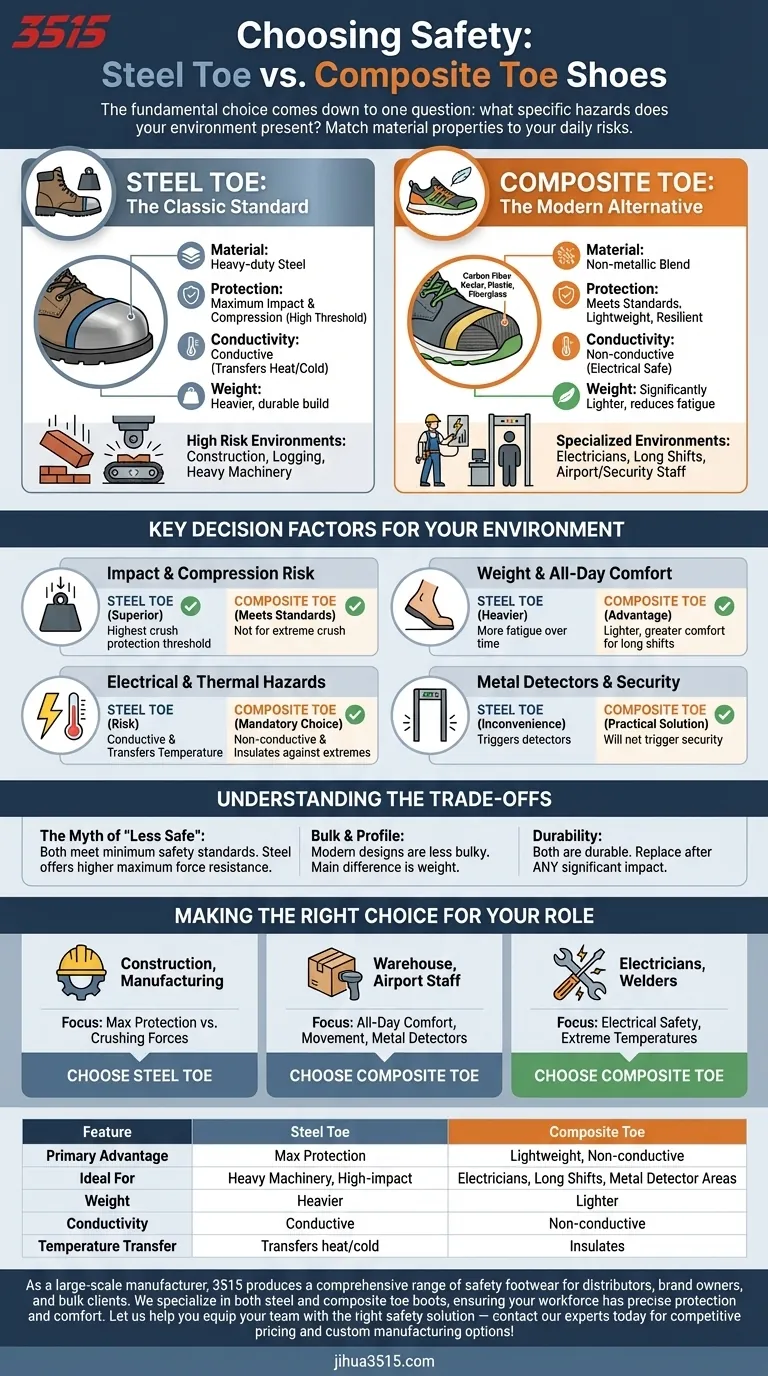 Como se deve escolher entre sapatos de biqueira de aço e de biqueira compósita? Combine os perigos do seu trabalho para uma segurança ideal Guia Visual