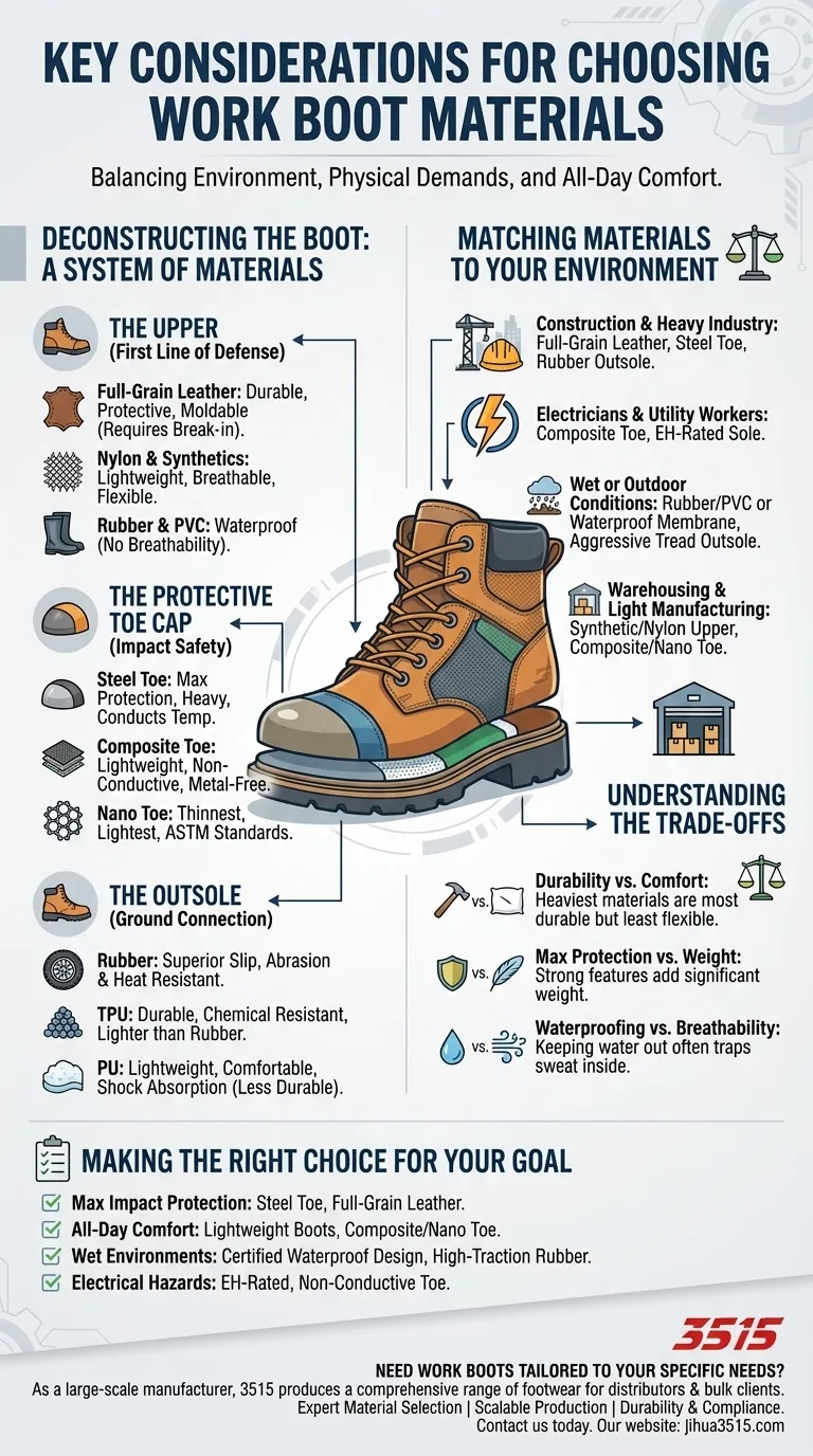 Quels sont les principaux éléments à prendre en compte lors du choix des matériaux pour les bottes de travail ? Trouvez la botte parfaite pour votre travail Guide Visuel