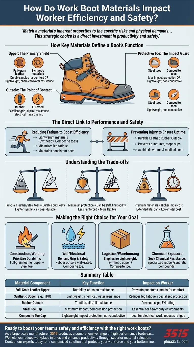 作業用ブーツの素材は、作業者の効率と安全性にどのように影響しますか？作業環境に合った素材を選びましょう。 ビジュアルガイド