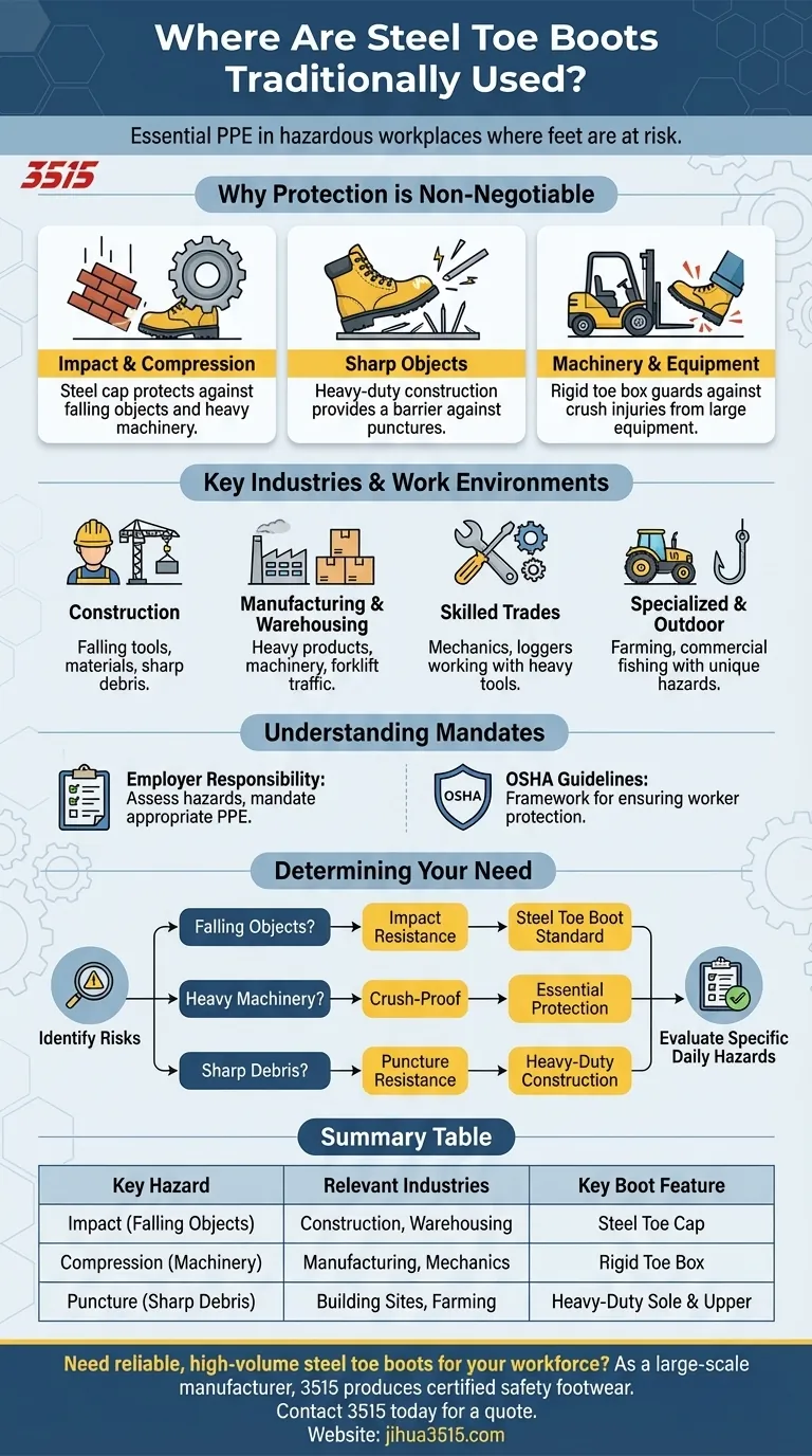ما هي أنواع أماكن العمل التي تُستخدم فيها الأحذية ذات مقدمة فولاذية تقليديًا؟ حماية أساسية للقدمين في الوظائف الخطرة دليل مرئي