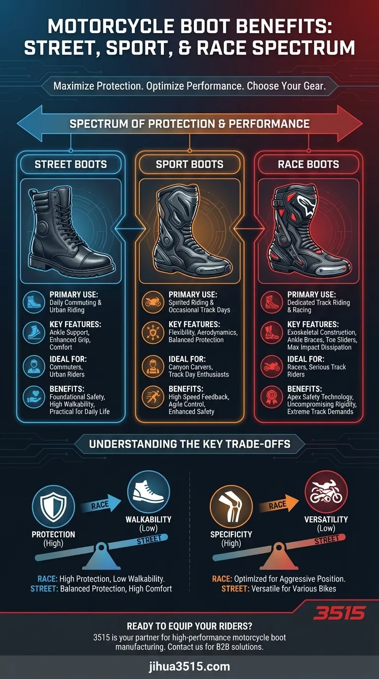 Quali sono i vantaggi degli stivali da moto Street, Sport e Race? Trova la calzata perfetta per la sicurezza Guida Visiva