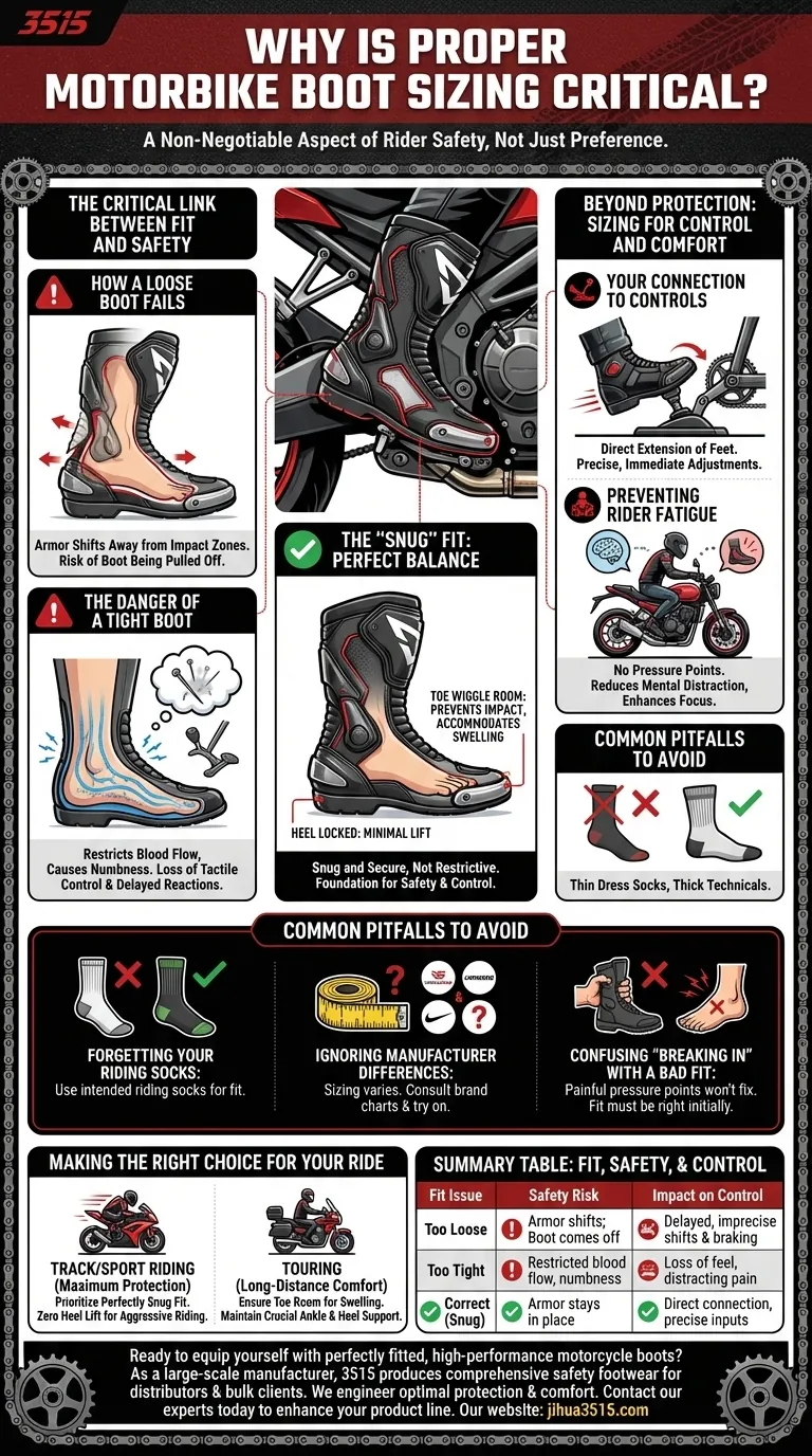 Why is proper motorbike boot sizing important? The Foundation of Rider Safety and Control Visual Guide
