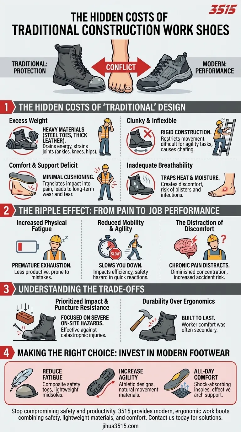 Quels problèmes les ouvriers du bâtiment rencontrent-ils avec les chaussures de travail traditionnelles ? Découvrez les coûts cachés d'un mauvais chaussage. Guide Visuel