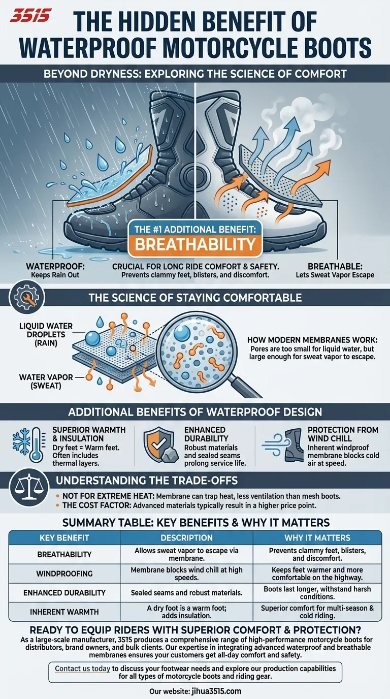 ما هي الفائدة الإضافية التي تقدمها معظم أحذية الدراجات النارية المقاومة للماء بخلاف الحفاظ على جفاف الأقدام؟ التهوية لراحة تدوم طوال اليوم. دليل مرئي