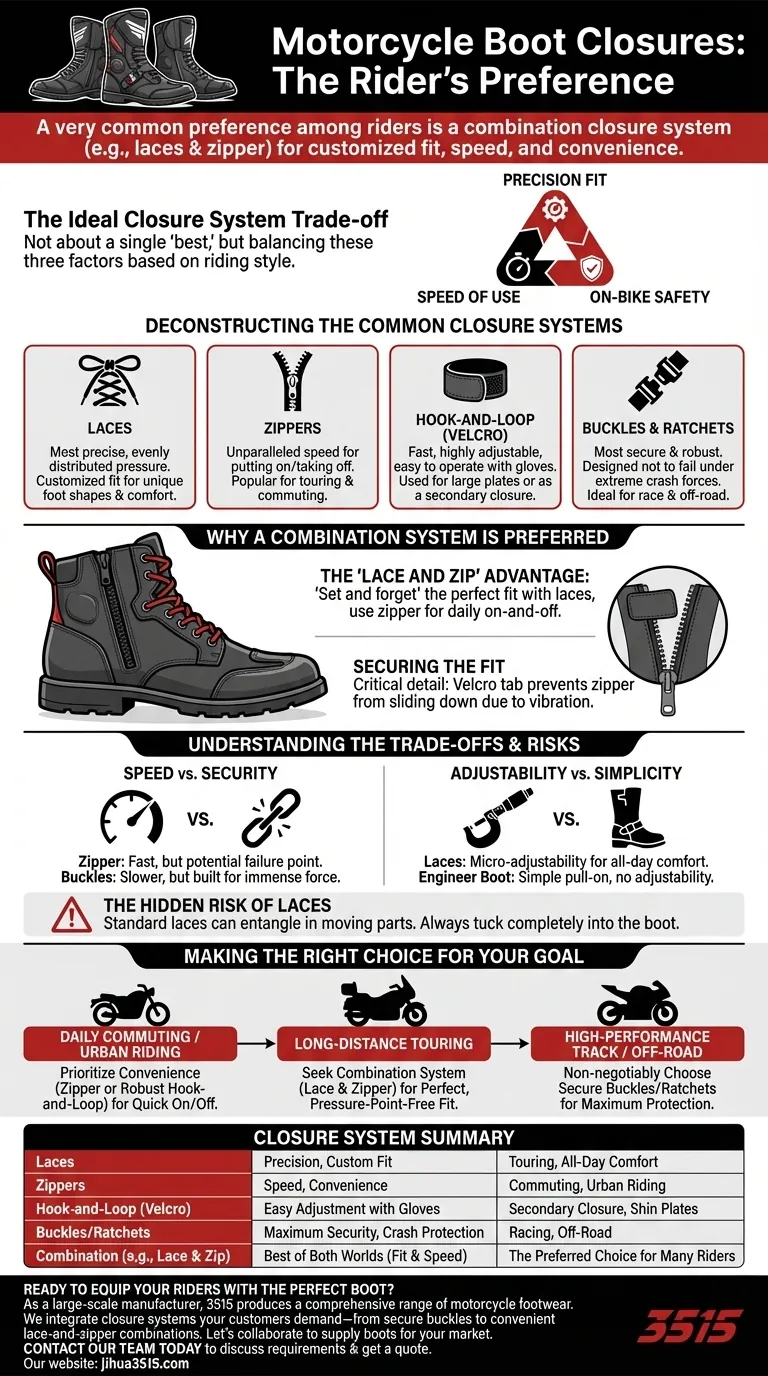 Quelle est une préférence courante chez les motocyclistes concernant les fermetures des bottes de moto ? Le système hybride idéal expliqué Guide Visuel