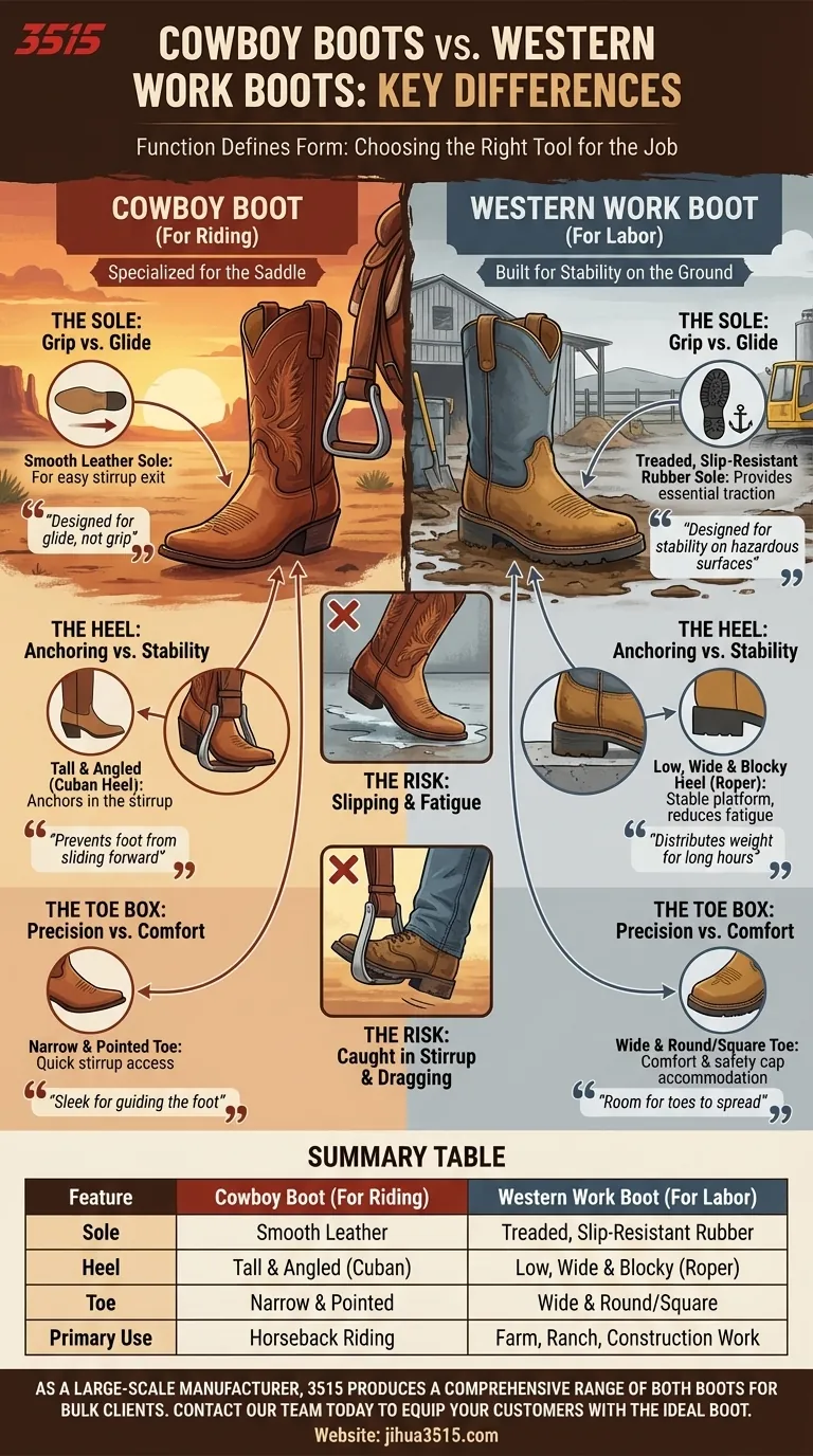 ¿Cuáles son las diferencias clave entre las botas de vaquero y las botas de trabajo Western? Montura vs. Rendimiento en el suelo Guía Visual