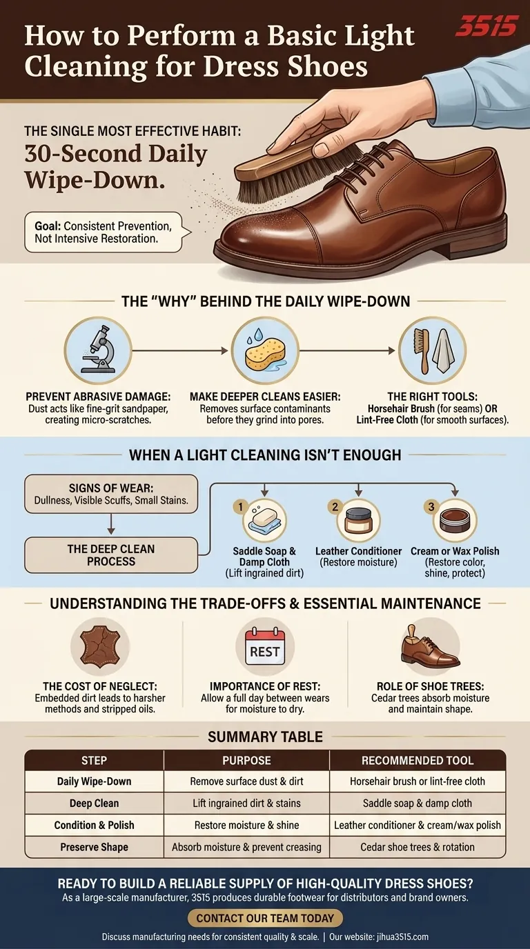 Comment effectuer un nettoyage léger de base pour des chaussures habillées ? L'habitude de 30 secondes pour des chaussures durables Guide Visuel